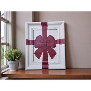 New Framed Christmas RED Ribbon Bow Wrapped Present Holiday Wall Art